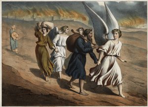 Zwei Engel führen Lot und seine Töchter, die die Stadt Sodom verlassen müssen, die wie Gomorra von Gott zerstört wird. Lots Frau, die trotz des Verbots in die Stadt zurückkehrt, wird zu einer Salzsäule versteinert. Anonyme Gravur aus der Mitte des 19. Jahr