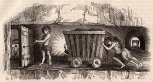 Zwei Kinder schieben einen Wagen in einer englischen Kohlenmine, ein drittes, der Trapper, öffnet eine Tür
