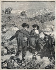 Zwei Bauern aus der Sierra Almagrera in Spanien entdeckten 1838 das Jaroso-Silbervorkommen. Gravur von 1885 in „Les arts et métiers illustrés“ von Adolphe Bitard.