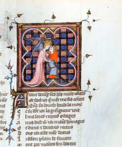 „Ein Engel umarmt einen Mann“ Illustrierte Seite aus dem Manuskript „Le Roman de la Rose“ von Guillaume de Lorris (ca. 1200-1238) und Jean de Meun (1240-1305) um 1353, Schweiz, Bibliothek von Genf
