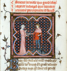 „Ein junger Mann und eine alte Frau“ Illustrierte Seite aus dem Manuskript „Le Roman de la Rose“ von Guillaume de Lorris (ca. 1200-1238) und Jean de Meun (1240-1305) um 1353, Schweiz, Bibliothek von Genf