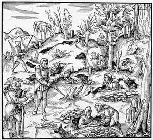 Verwendung des magischen Eimers zur Suche nach den Schätzen der Erde - in „Das Buch der Minen“ von Agricola von Unknown artist
