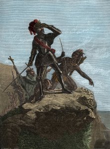 VASCO NUNEZ de BALBOA (1475-1519) - Spanischer Entdecker - Balboa entdeckt den Pazifischen Ozean im Jahr 1513 (Stich nach dem Gemälde von Mr. Urdaneta)