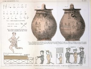 Verschiedene Illustrationen und Inschriften, die von Kriminellen auf Keramikvasen hinterlassen wurden: Studie von Cesare Lombroso (1835-1909), italienischer Kriminologe in „Der kriminelle Mensch“ (L