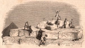 Ansicht vom Gipfel der Großen Pyramide von Khufu: eine Gruppe von Europäern erreicht den Gipfel mit Hilfe von Ägyptern