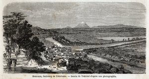 Ansicht von Homoura, Vorort von Yokohama, mit dem Fuji im Hintergrund. Gravur zur Illustration der Reise nach Japan in den Jahren 1863-1864 von Aime Humbert, Minister der Schweizerischen Eidgenossenschaft, in „Le tour du monde, nouveau journal des voyages“ von Unknown artist