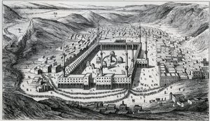 Ansicht von Mekka und seiner großen Moschee zur Zeit des Pilgerbesuchs - Gravur aus dem 19. Jahrhundert.