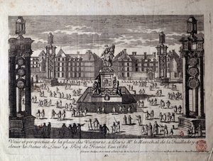 Ansicht der Place des Victoires in Paris mit der Statue von Ludwig XIV. Gravur aus dem 17. Jahrhundert