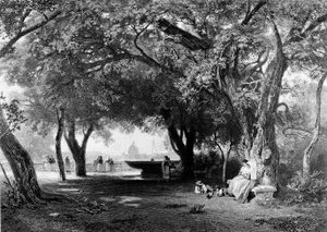 Ansicht von Rom vom Pincio, wo die Villa Medici steht. Im Hintergrund sieht man die Kuppel von St. Peter. Gravur, ca. 1840. von Unknown artist