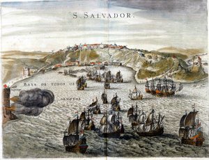 Ansicht von Salvador, früher bekannt als Bahia, Hauptstadt von Brasilien im Jahr 1549, als es gegründet wurde - Gravur aus dem 16. Jahrhundert