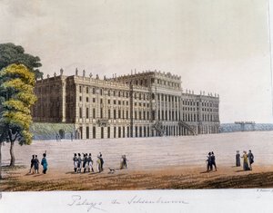 Ansicht des Schlosses Schönbrunn in Wien, Österreich. Gravur von 1826
