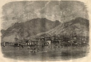 Ansicht der Stadt Victoria in Hongkong. Gravur in „The Illustrated London News“ vom 14. März.