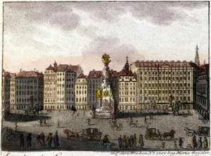 Ansicht von Wien und dem Grabenplatz, der seinen Namen von dem von den Römern gegrabenen Graben zur Verteidigung der Stadt hat. Lithographie aus der Mitte des 19. Jahrhunderts.