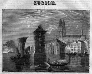 Ansicht der Stadt Zürich (Zurigo) in der Schweiz im 19. Jahrhundert