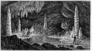 Ansicht der Reclère-Höhle in der Schweiz. Gravur in „La Nature. Revue des sciences et de ses applications aux arts et à l