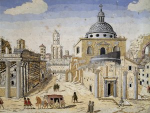 Ansicht des Forum Romanum, Ende des 17. Jahrhunderts, Scagliola auf Terrakotta-Untergrund (Detail)