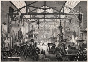 Ansicht der Bauwerkstätten von Eugène Delessert, Gesellschaft zur Organisation öffentlicher Feste, Avenue Dauphine in Paris - Gravur in „Le Monde Illustré“