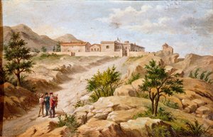 Ansicht des Hauses des italienischen Patrioten und Helden des Risorgimento Giuseppe Garibaldi (1807-1882) in Caprera (Sardinien) Garibaldi ist mit zwei Bauern links im Bild von Unknown artist