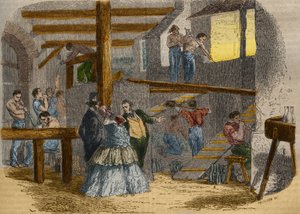 Ansicht des Inneren einer Glasfabrik mit Glasbläsern. Gravur von 1856 in „Le Musée Des Sciences“ von Unknown artist