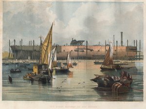 Ansicht des transatlantischen Liners „Great Eastern“ (Leviathan) im Bau in der Thames-Werft in London. Gravur in „The Illustrated London News“ vom 7. November 1857.