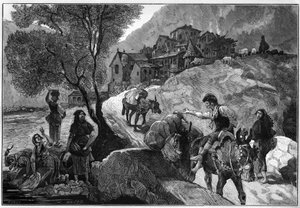 Ansicht des Dorfes Andorra la Vella der Republik Andorra und seiner Bewohner, Andorraner. Gravur in „Le Monde Illustré“. von Unknown artist