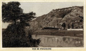 Ansicht des Dorfes Poilvache, Tal der Maas, Belgien. Chromolithographie des späten 19. Jahrhunderts.