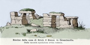 Wikinger: Ansicht der Ruinen des Hauses des Norwegers Erik der Rote (Erik Le Rouge) (940 oder 950-1003 oder 1010) in Grönland. Illustration aus dem 19. Jahrhundert von Unknown artist