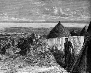 Dorf am Ufer des Albertsees (oder Albertsee), Afrika. Gravur in „Le Journal de la jeunesse“ von Unknown artist