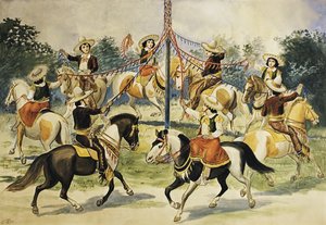 Vintage-Poster von Reitern, die Bänder um einen Maibaum wickeln von Unknown Artist
