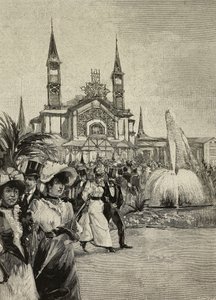 Besucher vor dem Sportgebäude bei den Vereinigten Ausstellungen, Mailand, Italien, Zeichnung von M Bianchini aus L