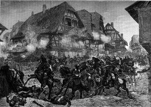 Krieg von 1870: der Angriff der 8. und 9. Schlachtschiffe durch die Straßen von Morsbronn (Elsass). Gravur in „Le Journal de la jeunesse“