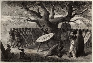 Kriegerische Übungen der Landines oder Kaffern-Zulus, eine Sena (Region des Sambesi-Flusses, Mosambik). Gravur zur Illustration von Dr. Livingstones ersten Reisen nach Südafrika von 1840 bis 1856, in „Le tour du monde, nouveau journal des voyages“, herausg von Unknown artist