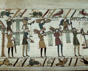 Waffen und Wein werden zu den Schiffen gebracht, während der Nachschub für die Eroberung Englands durch die Flotten von Wilhelm dem Eroberer (1027-1087) im Jahr 1066 Detail des Teppichs von Bayeux oder Stickerei von Königin Mathilde