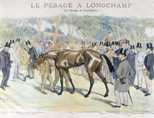 Wiegen in Longchamp und eine Gruppe von Pferdebesitzern von Unknown artist