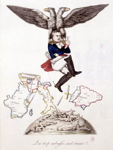 Wer zu viel umarmt, umarmt schlecht: Nach dem Todesschrecken in ganz Europa schließt sich Napoleon der Insel Elba an, getragen von einem Adler - in „Napoleon 1., Karikaturen, Dummysammlung“, ca. 1814 von Unknown artist