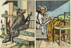 Der Wolf klopft an Großmutters Tür. Illustration des Märchens „Rotkäppchen“ von Charles Perrault