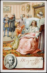 Wolfgang Amadeus Mozart (1756-1791) in den letzten Tagen seines Lebens. Chromolithographie des 19. Jahrhunderts von Unknown artist