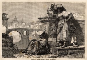 Frauen und Kinder der römischen Landschaft ruhen sich am Ufer des Tiber aus, im Hintergrund: die Kuppeln der Petersbasilika im Vatikan. Gravur zur Illustration der Reise nach Rom, von Francis Wey, 1864-1868, veröffentlicht in "Le tour du monde, nouveau jou von Unknown artist
