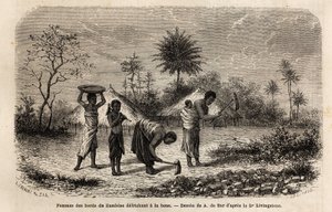 Frauen von den Ufern des Zambezi roden mit einer Hacke und führen Kinder in die landwirtschaftliche Arbeit ein. Gravur zur Illustration von Dr. Livingstones ersten Reisen nach Südafrika von 1840 bis 1856, in „Le tour du monde, nouveau journal des voyages“ 