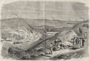 Arbeiten am Suezkanal 1864 - Baustelle und Bohrarbeiten am Suezkanal 1864 (Chaluf Tranchee) von Unknown artist