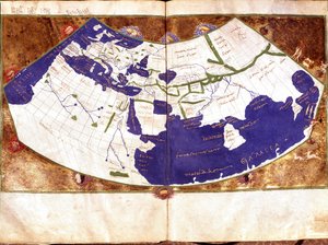 Weltkarte von Claudius Ptolemäus (Claude Ptolemée, 90-168 n. Chr.), griechischer Astronom und Astrologe - Darstellung der flachen Erde ohne Nord- und Südpol und ohne amerikanische Kontinente - 15. Jahrhundert Manuskript - Venedig, Biblioteca Marciana von Unknown artist