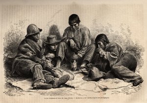 Junge Indianer aus Cerro de Pasco (Zentralperu), versammeln sich zum Frühstück. Gravur zur Illustration Les iles Chincha, rect von L. Simonin, 1860, veröffentlicht in „Le tour du monde, nouveau journal des voyages“, herausgegeben von Edouard Charton von Unknown artist