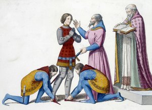 Ritterweihe - Weihe eines Ritters in Italien im 14. Jahrhundert - Gravur von Unknown artist