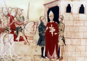Papst Bonifatius VIII. (1294-1303) hier Gefangener in Anagni im Jahr 1303, Illustration aus einem Manuskript des 14. Jahrhunderts von Unknown artist