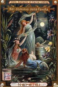 Darstellung von Nereiden, Meeresnymphen. Chromolithographie des 19. Jahrhunderts