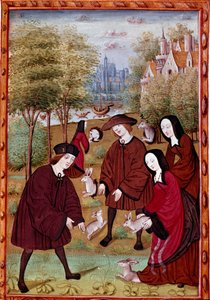 Junge Leute spielen mit Kaninchen. Miniatur aus „Geschichte von Jean III. de Brush und seiner Frau Louise de Laval“ von Unknown artist