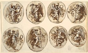 Zeichnung, Deckendesign, Geschichte, Überfluss in sechs Ovalen, Sala di Ercole ed Ebe, Palazzo Gessi, Faenza, 1813 von Unknown artistUnknown artist