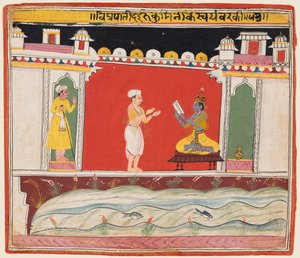 Ein Brahmane überbringt Krishna die Nachricht oder Einladung zum Wettbewerb für Rukminis Svayamvara, aus einem Bhagavata Purana von Unknown artist