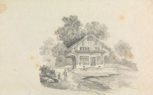 Ein Chalet mit zwei Figuren im Vordergrund
