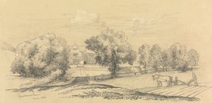 Ein Bauernhof mit Bauer, Pferd und Pflug im Vordergrund von Unknown artist